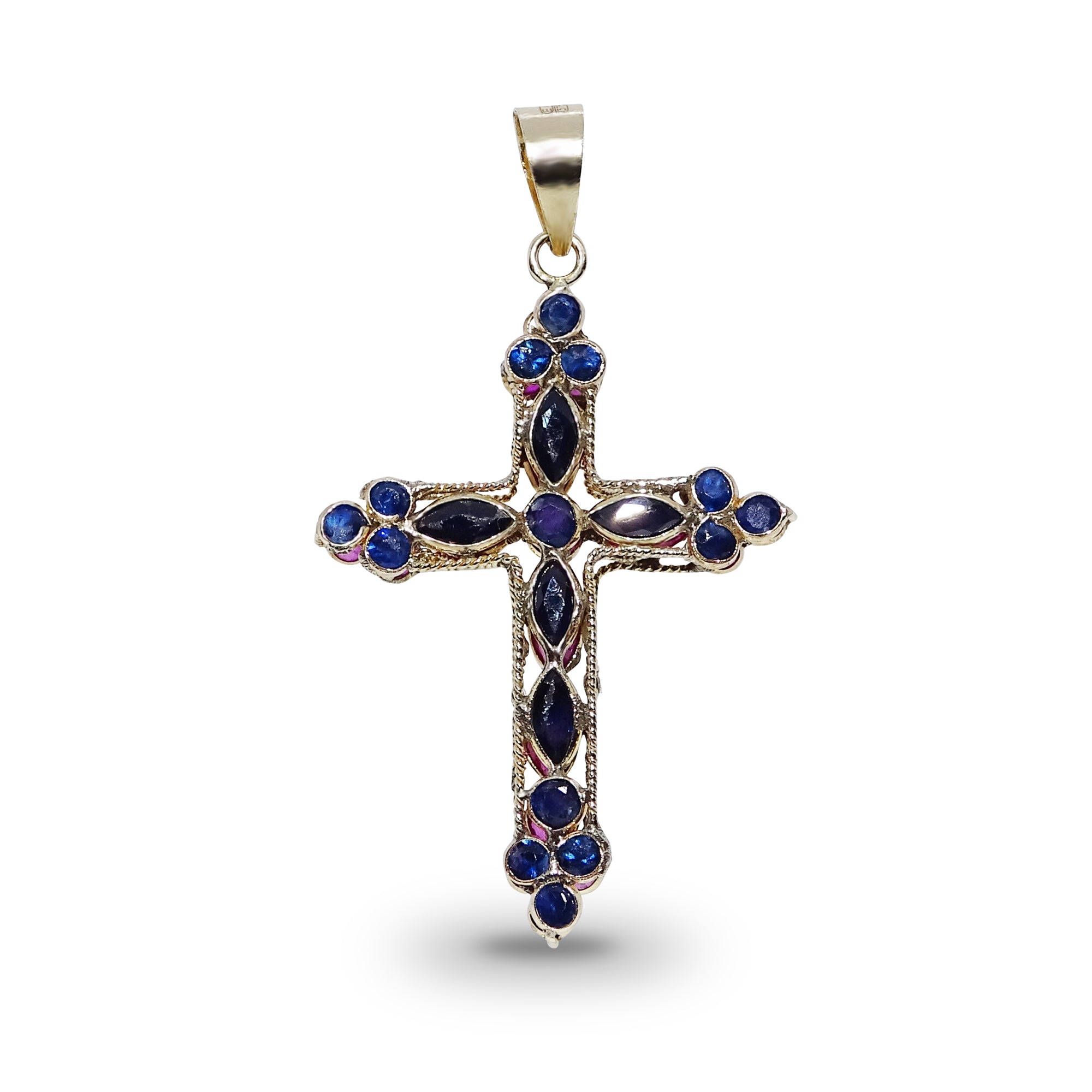 9ct gold double-sided 26mm (exc. bale) ruby & sapphire cross