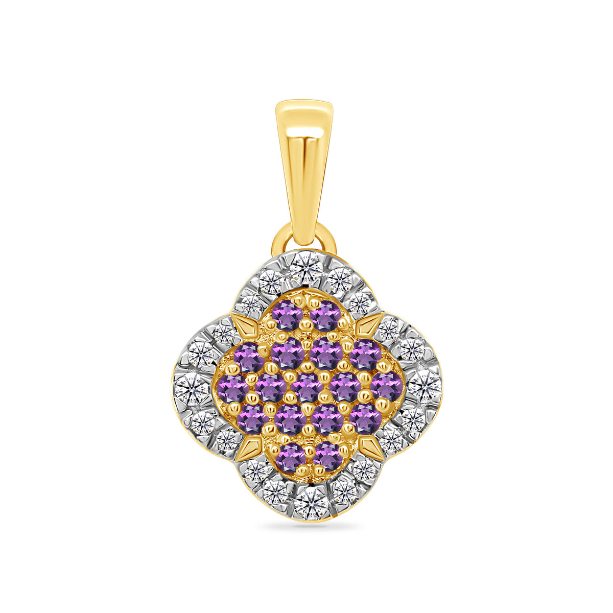 9ct gold clover shape amethyst &amp; diamond pendant 0.11ct