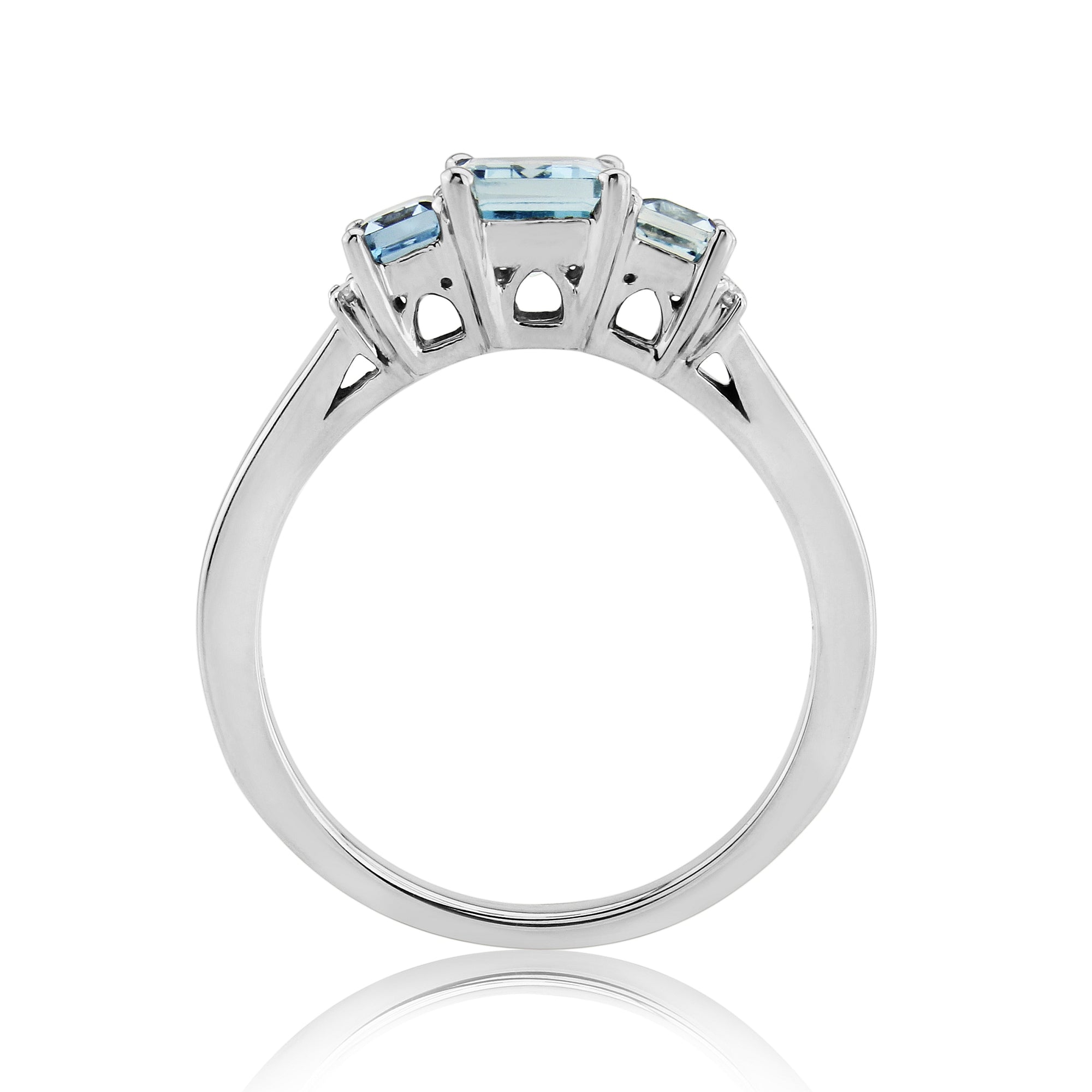 9ct white gold triple octagaon cut aquamarine (7x5mm & two 5x3mm) & diamond ring 0.03ct