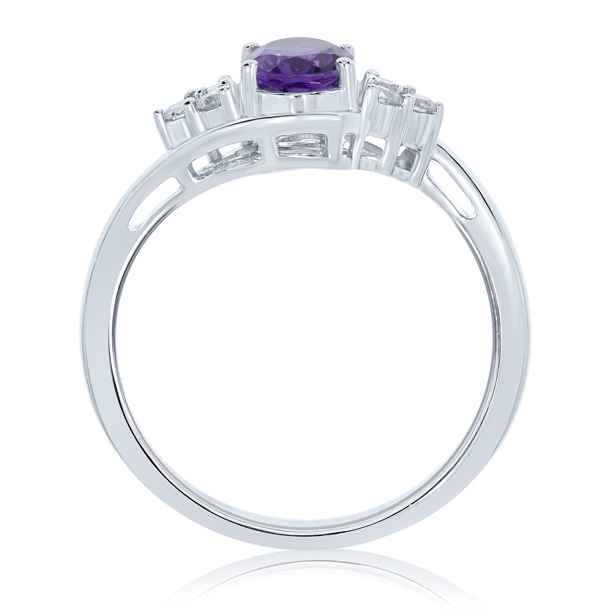 9ct white gold 7x5mm oval amethyst & triple diamond shoulder cross-over ring 0.15ct