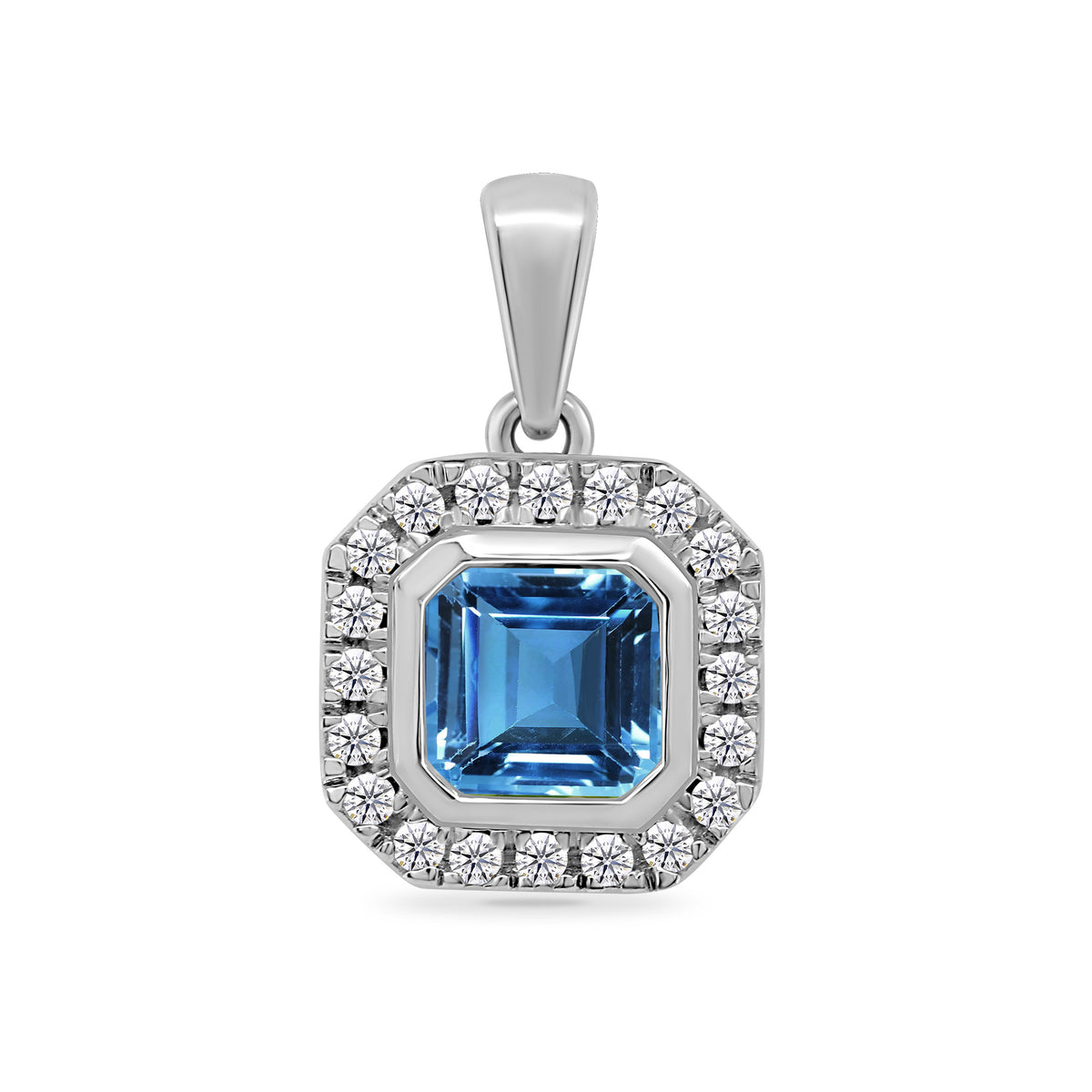 9ct white gold 5mm square blue topaz &amp; diamond cluster pendant 0.10ct