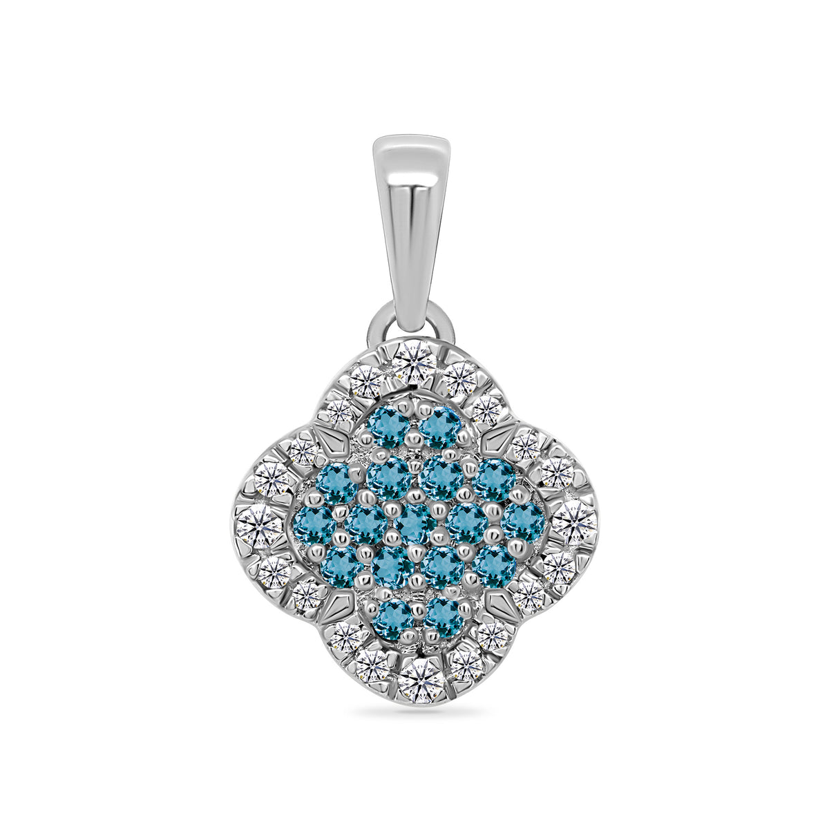 9ct white gold clover shape blue topaz &amp; diamond pendant 0.11ct