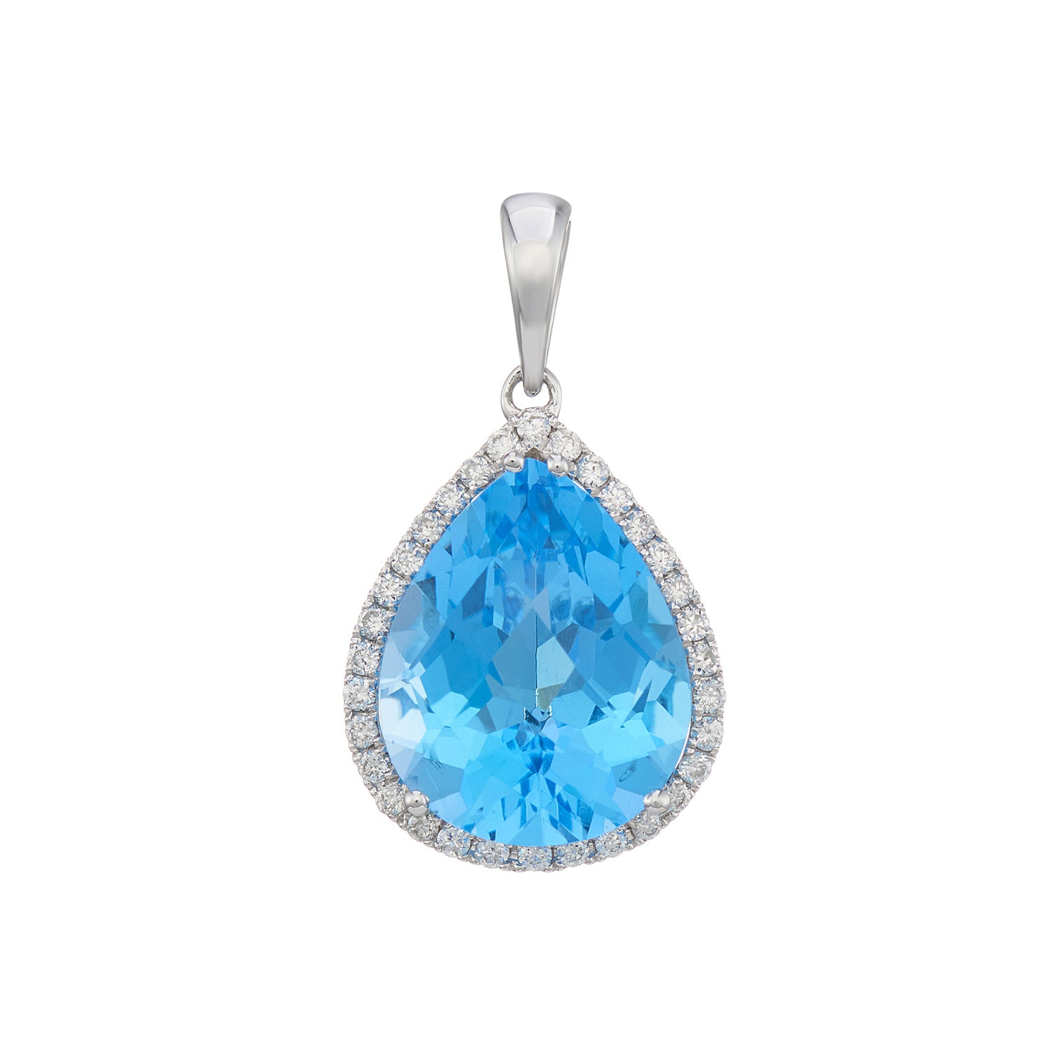 9ct white gold 9x11mm pear shape blue topaz  & diamond pendant 0.13ct