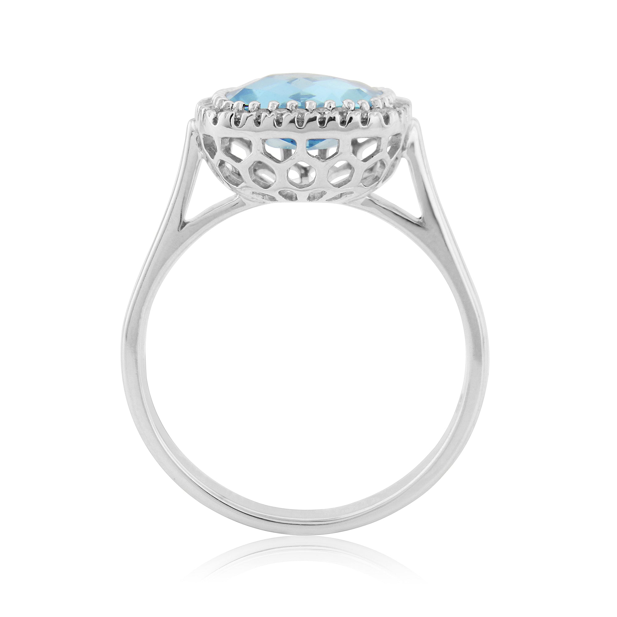 9ct white gold checkerboard cut 9mm cushion shape blue topaz & diamond ring 0.13ct