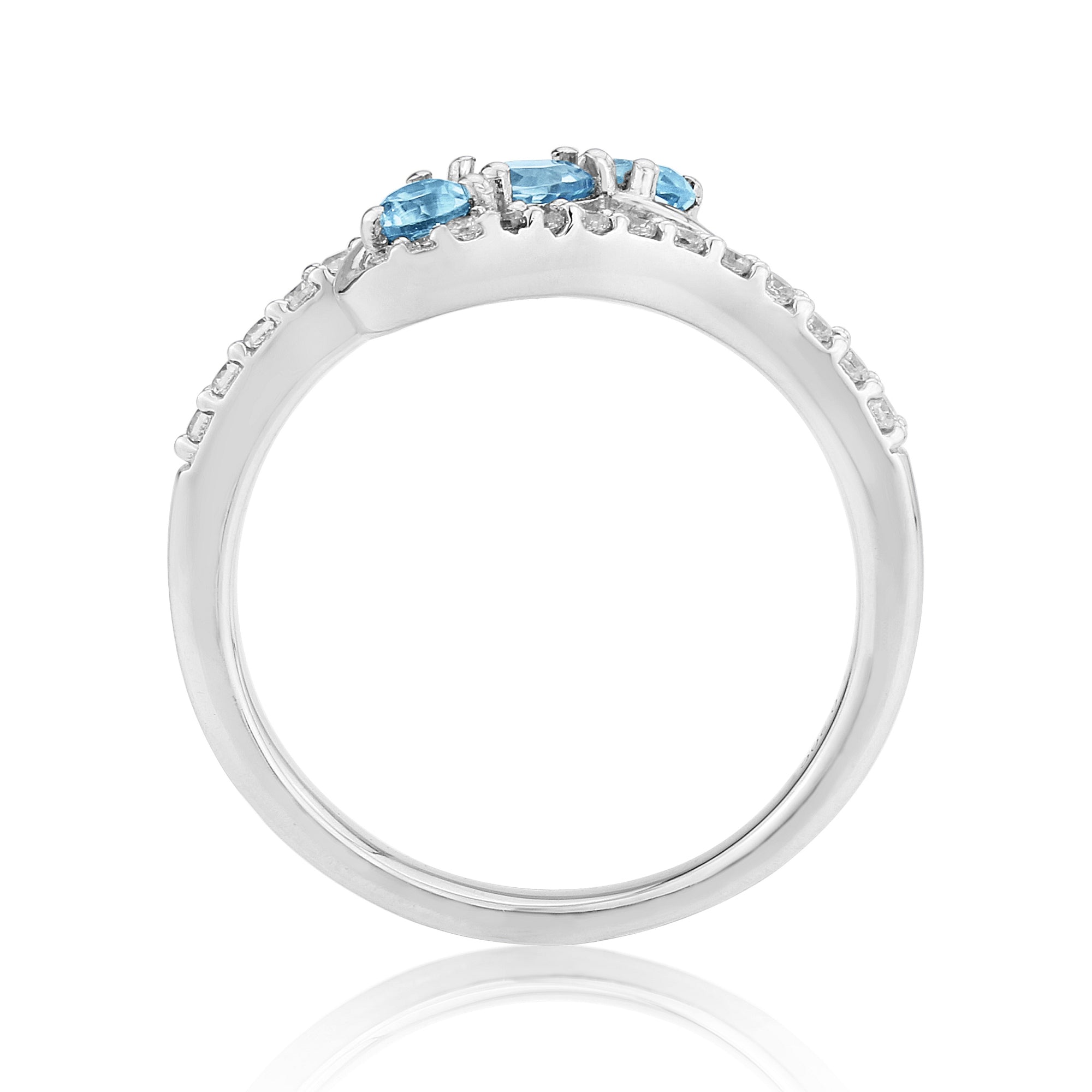 9ct white gold 3 stone blue topaz (1x3.5mm,2 x3mm) & diamond crossover ring 0.20ct