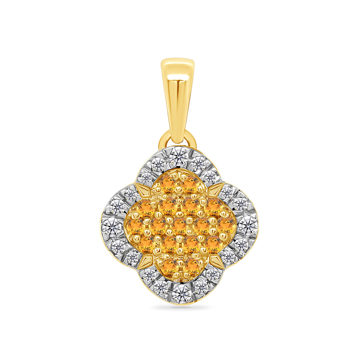 9ct gold clover shape citrine &amp; diamond pendant 0.11ct