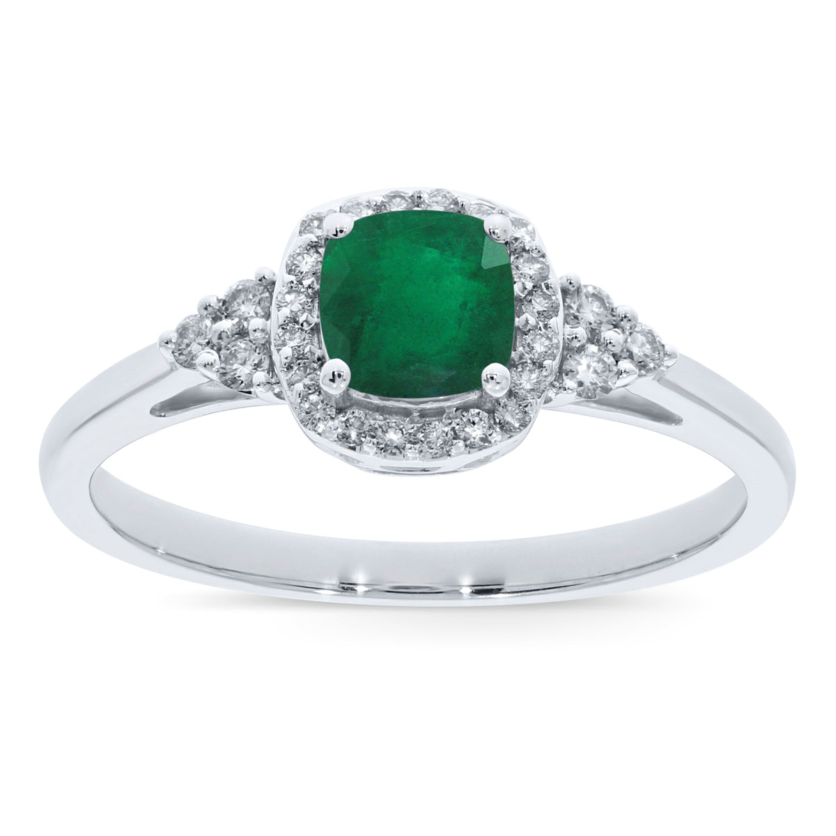 9ct white gold 5mm cushion shape emerald &amp; diamond ring 0.15ct