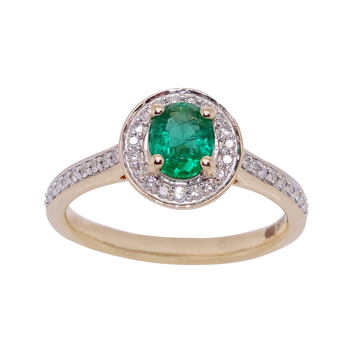 18ct gold 0.62ct oval cut emerald (6.02*5.00*3.20mm) &amp; diamond ring with diamond shoulders 0.20ct Size N