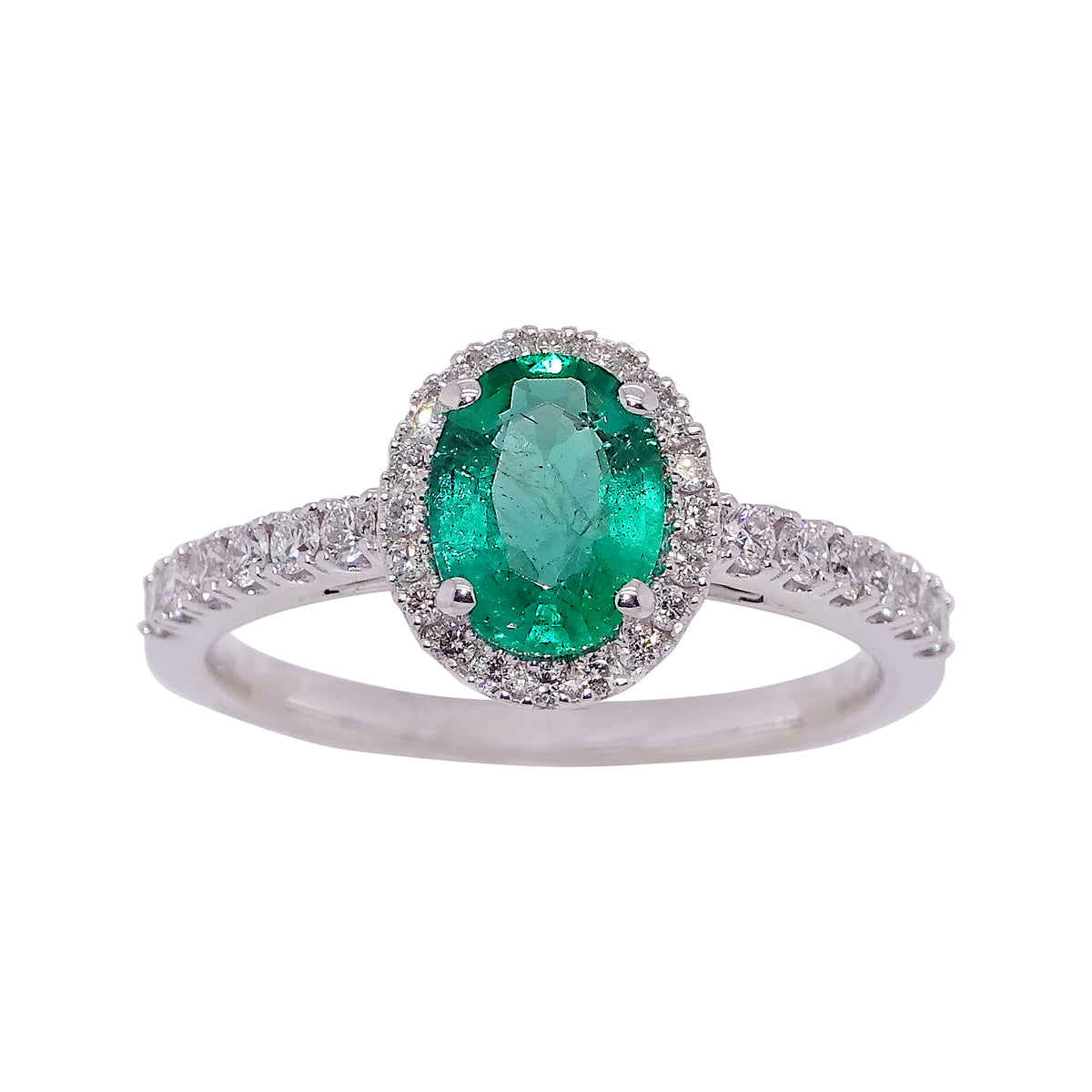 18ct white gold 1.02ct oval cut emerald (7.97*6.02*3.34mm) &amp; diamond ring with diamond shoulders 0.40ct Size P