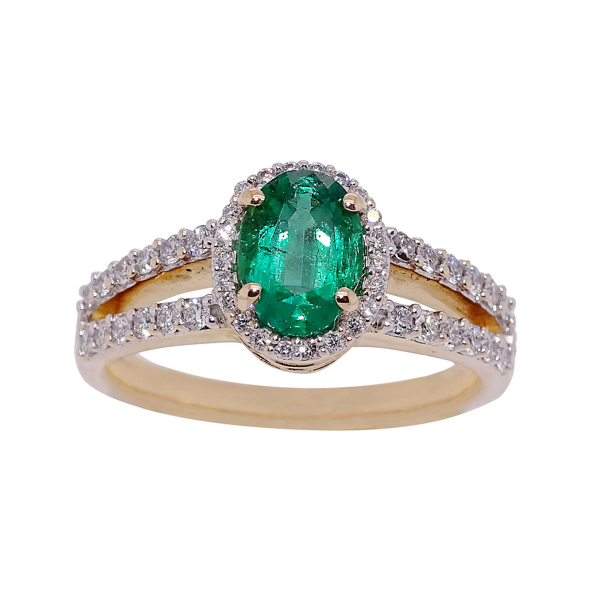 18ct gold 1.07ct oval cut emerald (7.87*5.71*4.00mm) &amp; diamond ring with diamond shoulders 0.45ct Size O