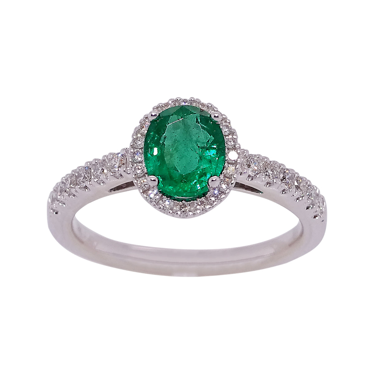 18ct white gold 1.11ct oval cut emerald (7.02*5.92*3.93mm) &amp; diamond ring with diamond shoulders 0.30ct Size N