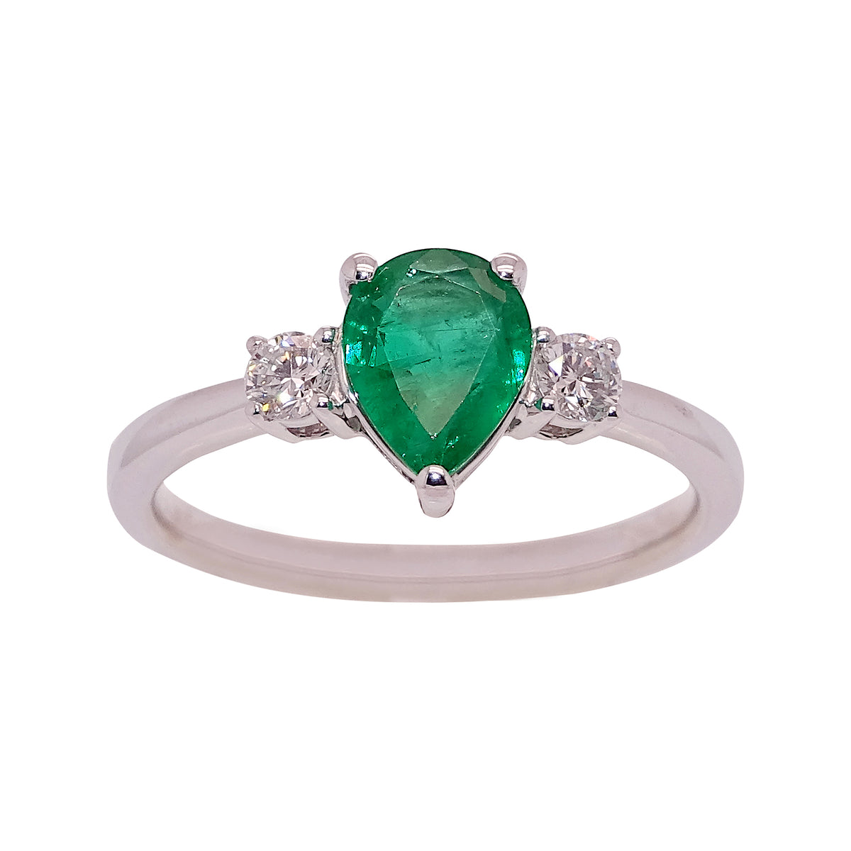 18ct white gold .90ct pear cut emerald (8.01*6.03*3.16mm) &amp; diamond ring 0.20ct Size O