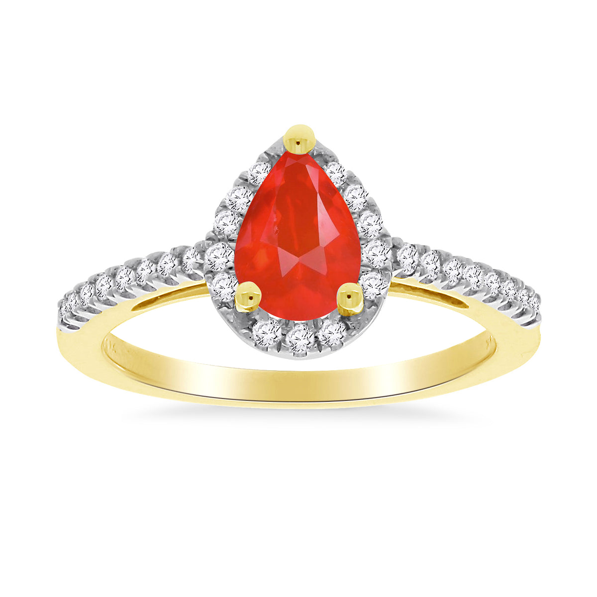 9ct gold 7x5mm pear shape fire opal &amp; diamond cluster ring with diamond set shoulders 0.19ct