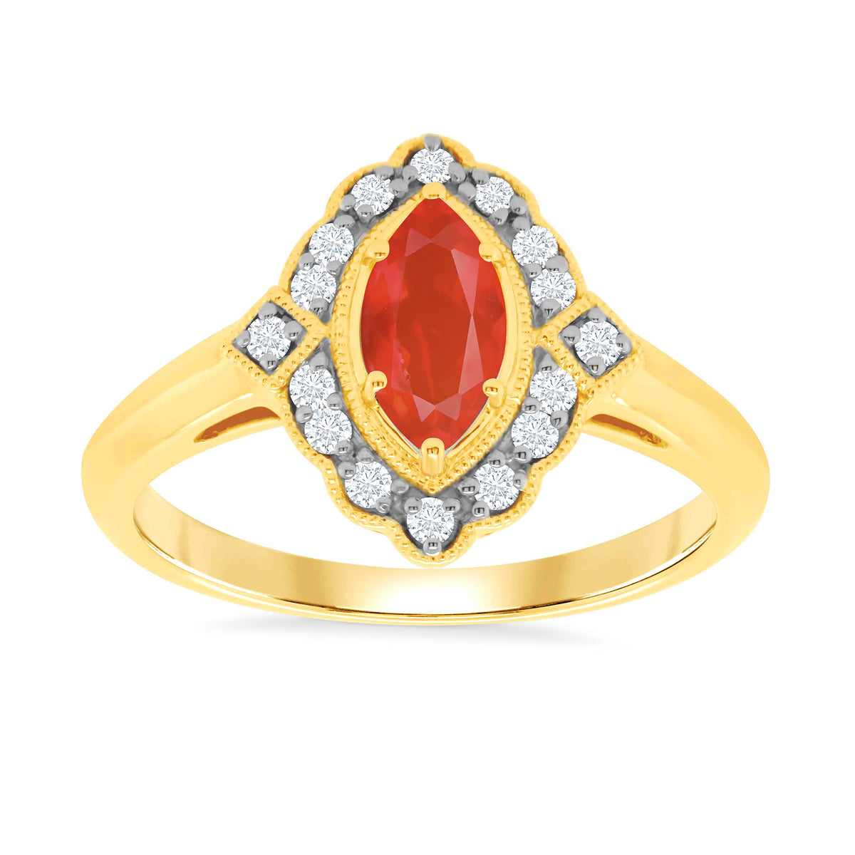 9ct gold 8x4mm marquise shape fire opal &amp; diamond cluster ring 0.15ct