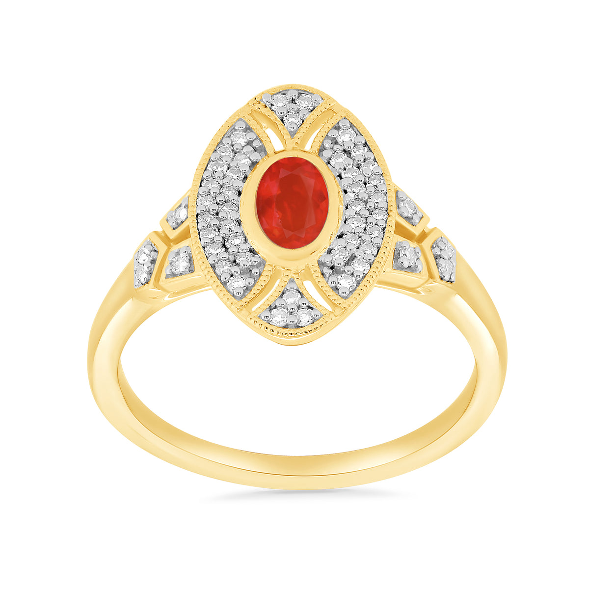 9ct gold 6x4mm oval fire opal &amp; antique style diamond cluster ring 0.18ct