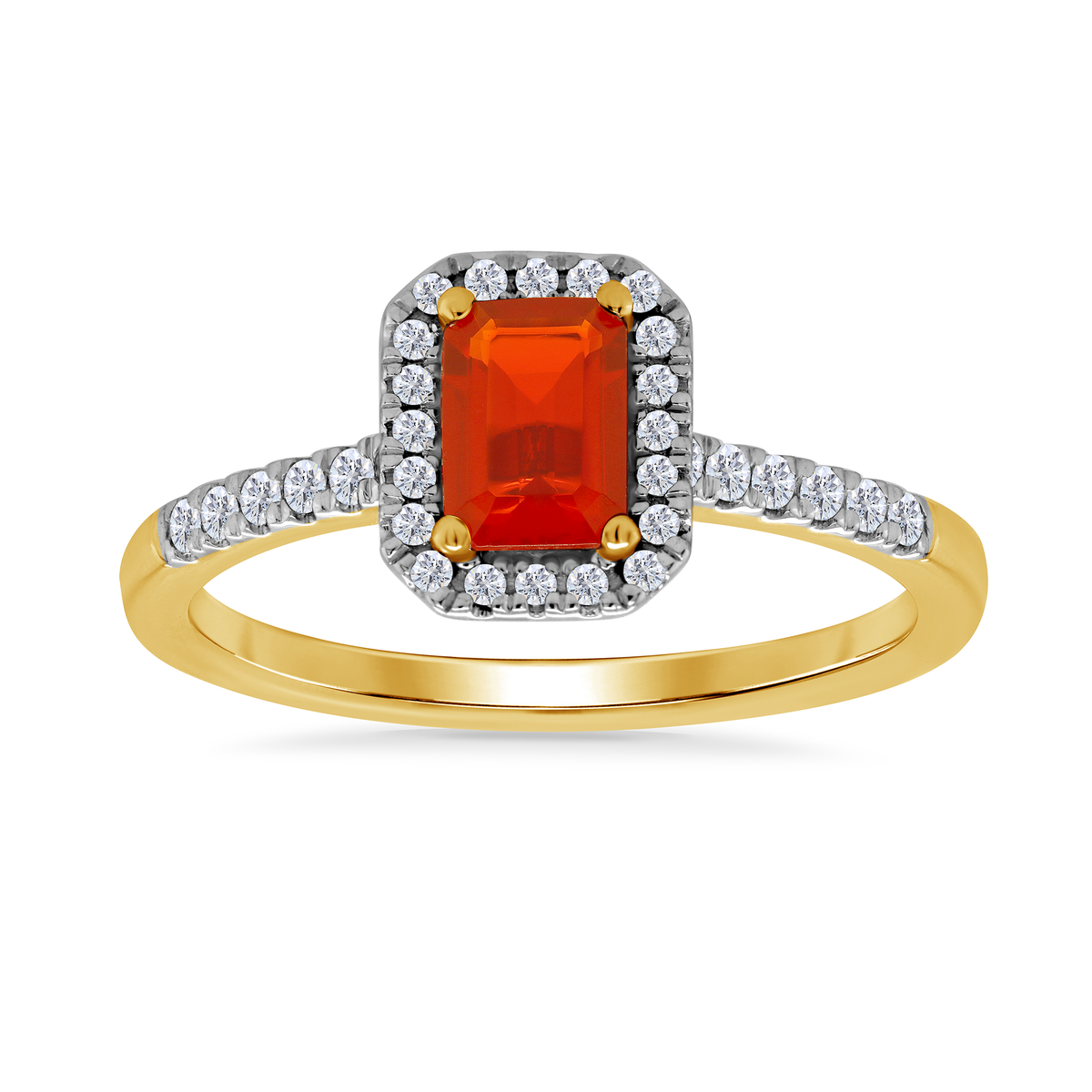 9ct gold 6x4mm rectangle cut fire opal &amp; diamond cluster ring with diamond set shoulders 0.20ct