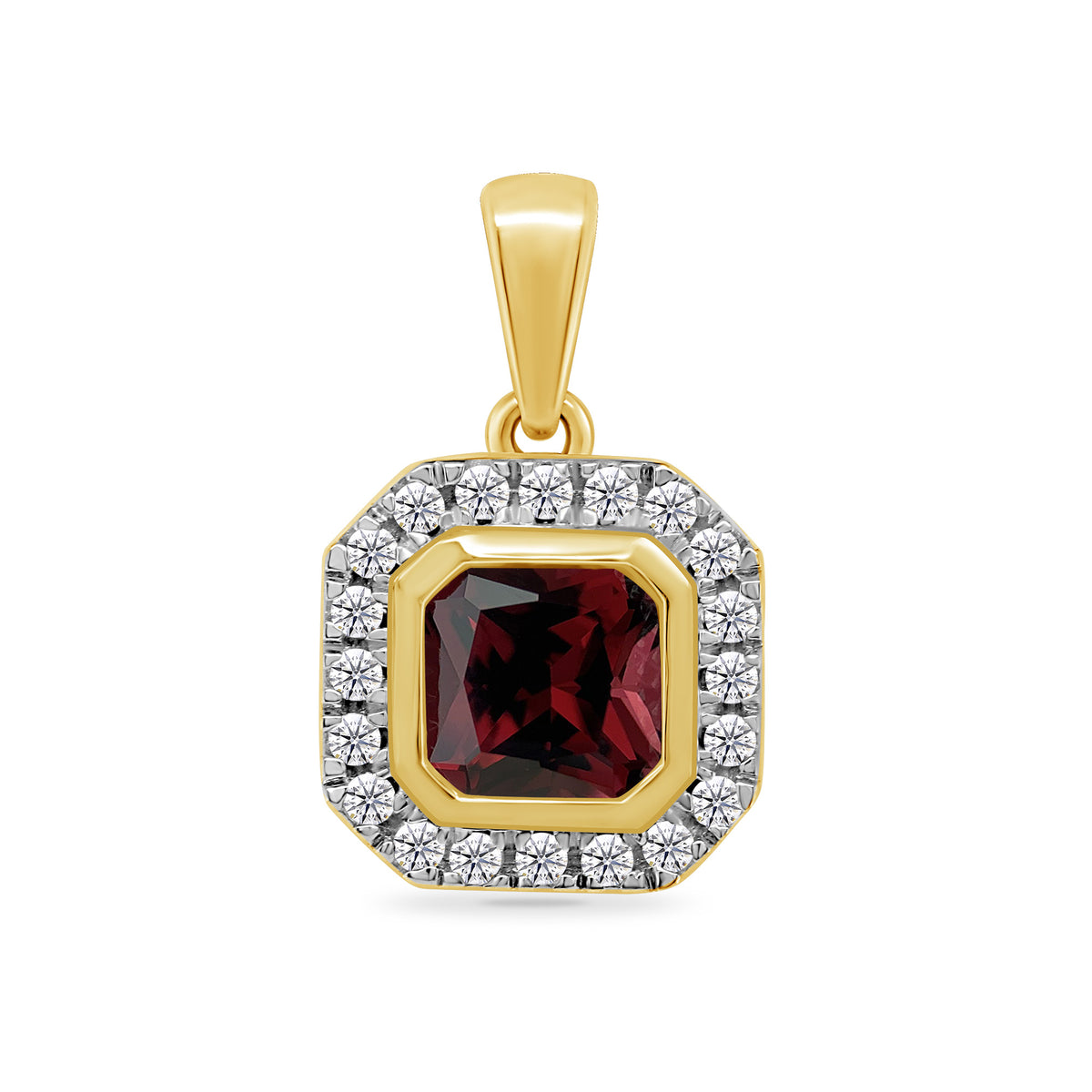 9ct gold 5.00mm square garnet &amp; diamond cluster pendant 0.10ct