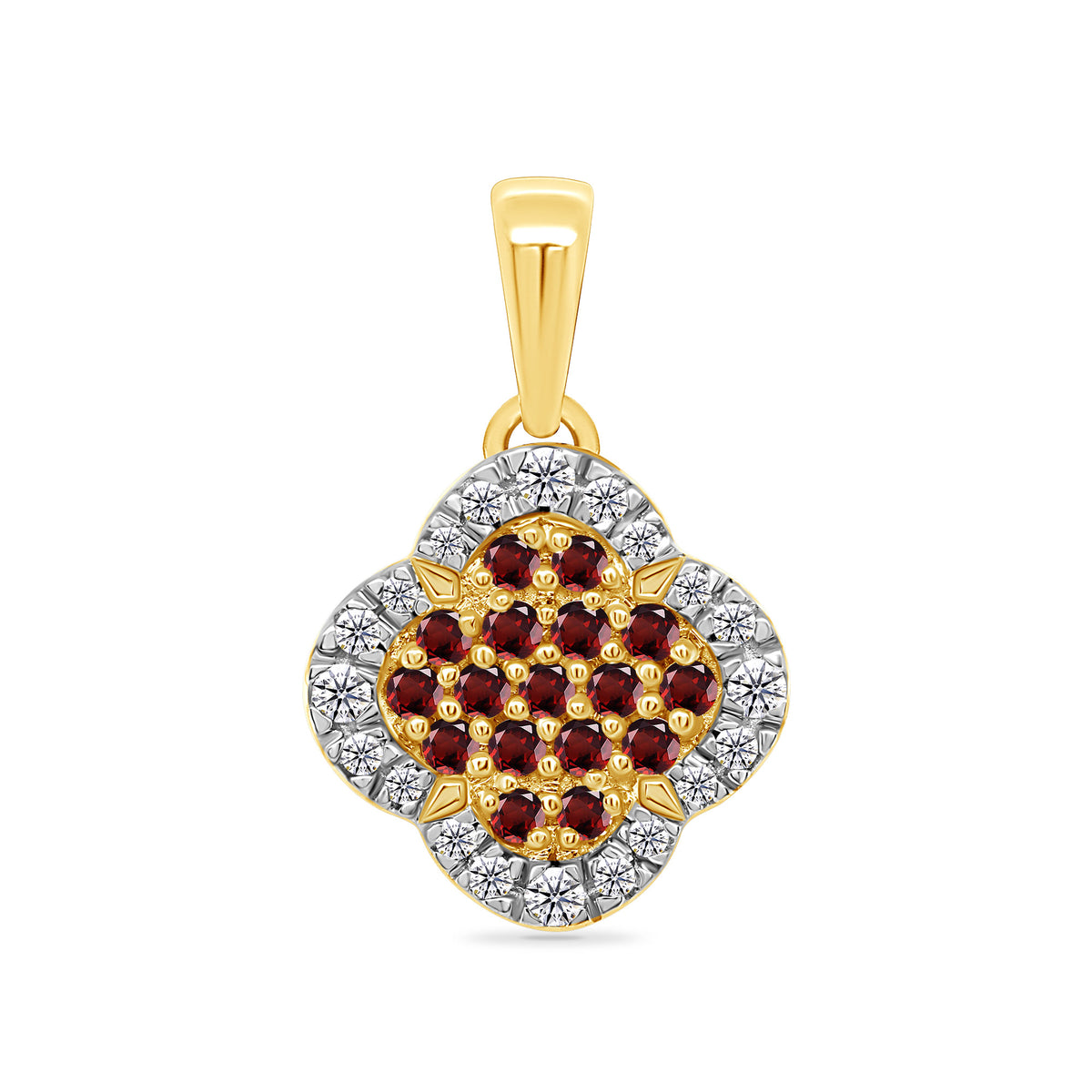 9ct gold clover shape garnet &amp; diamond pendant 0.11ct