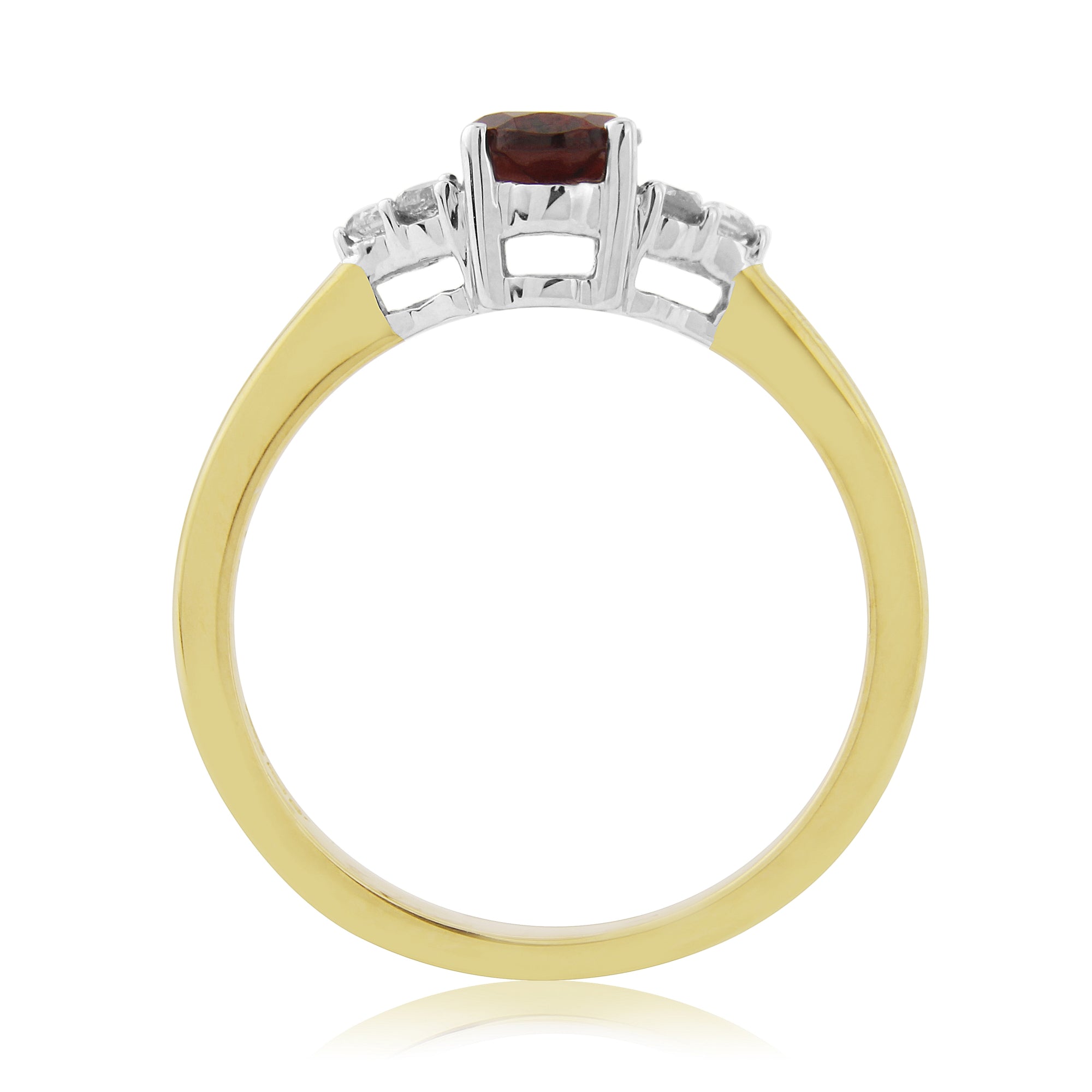 9ct gold 7x5mm oval garnet & three stone diamond shoulders ring 0.15ct