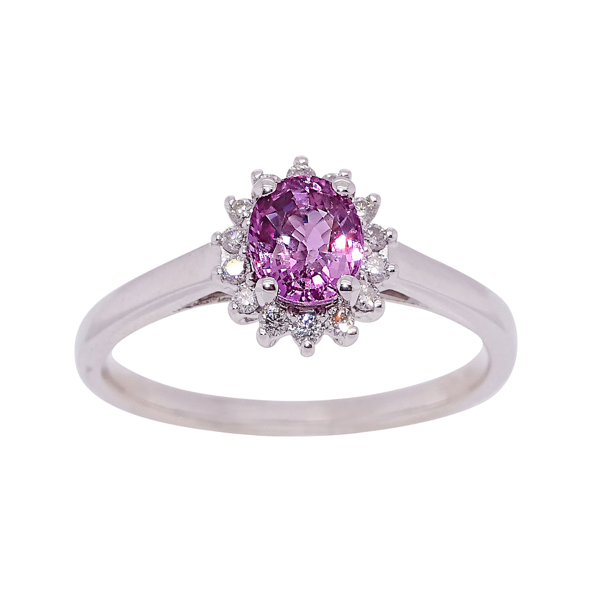 18ct white gold .98ct oval cut pink sapphire (6.70*5.10*3.37mm) &amp; diamond ring 0.15ct Size O