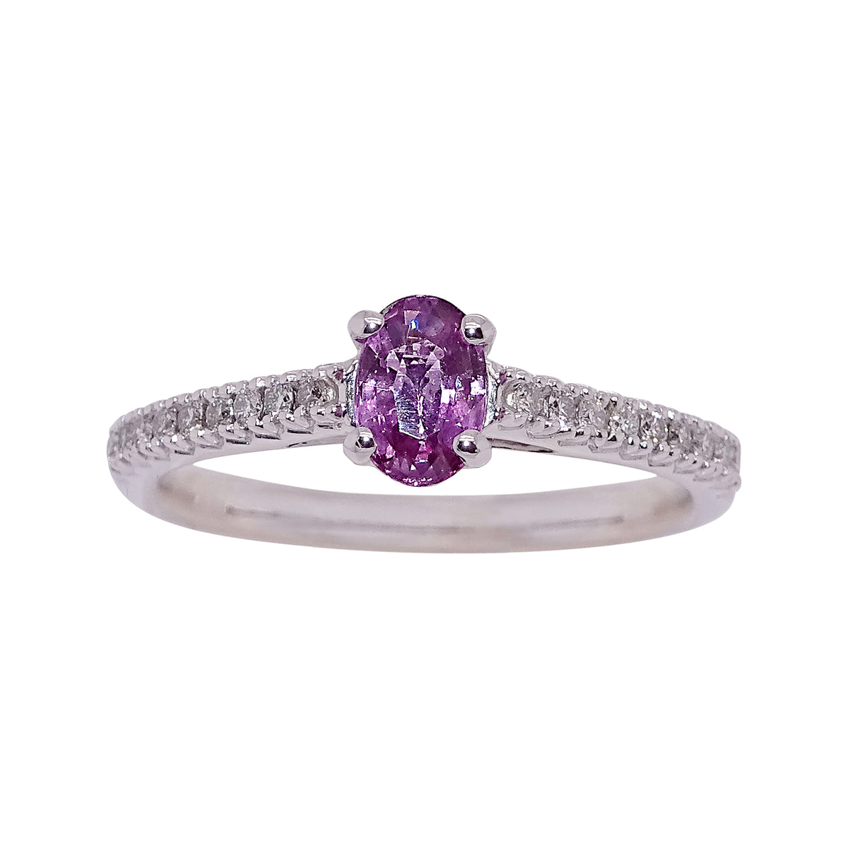 18ct white gold .59ct oval cut pink sapphire (5.96*4.02*2.57mm) &amp; diamond ring with diamond shoulders 0.15ct Size M