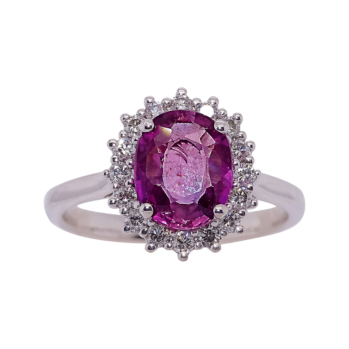 18ct white gold 2.18ct oval cut pink sapphire (9.00*7.35*3.33mm) &amp; diamond ring 0.35ct Size O