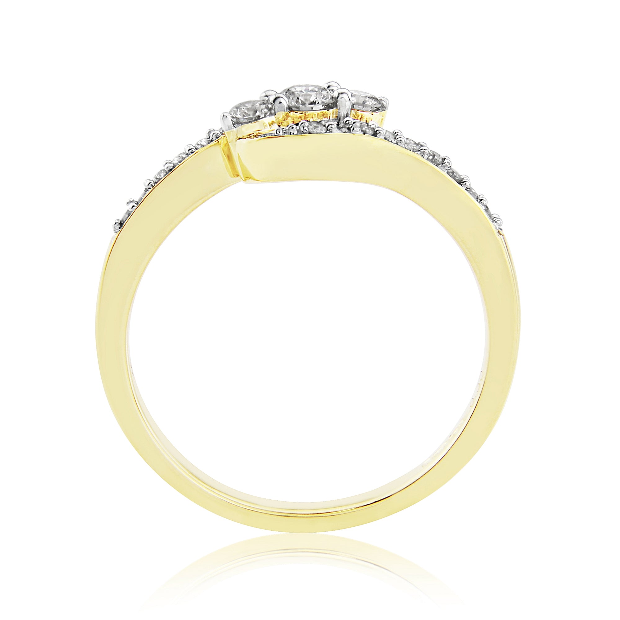 9ct gold three stone diamond crossover ring with diamond set shoulders 0.30ct