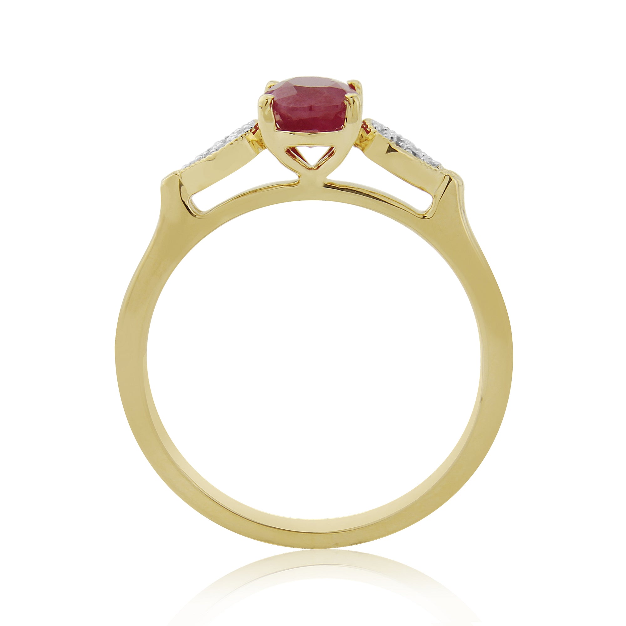 9ct gold 7x5mm oval ruby & diamond cluster set shoulder ring 0.22ct