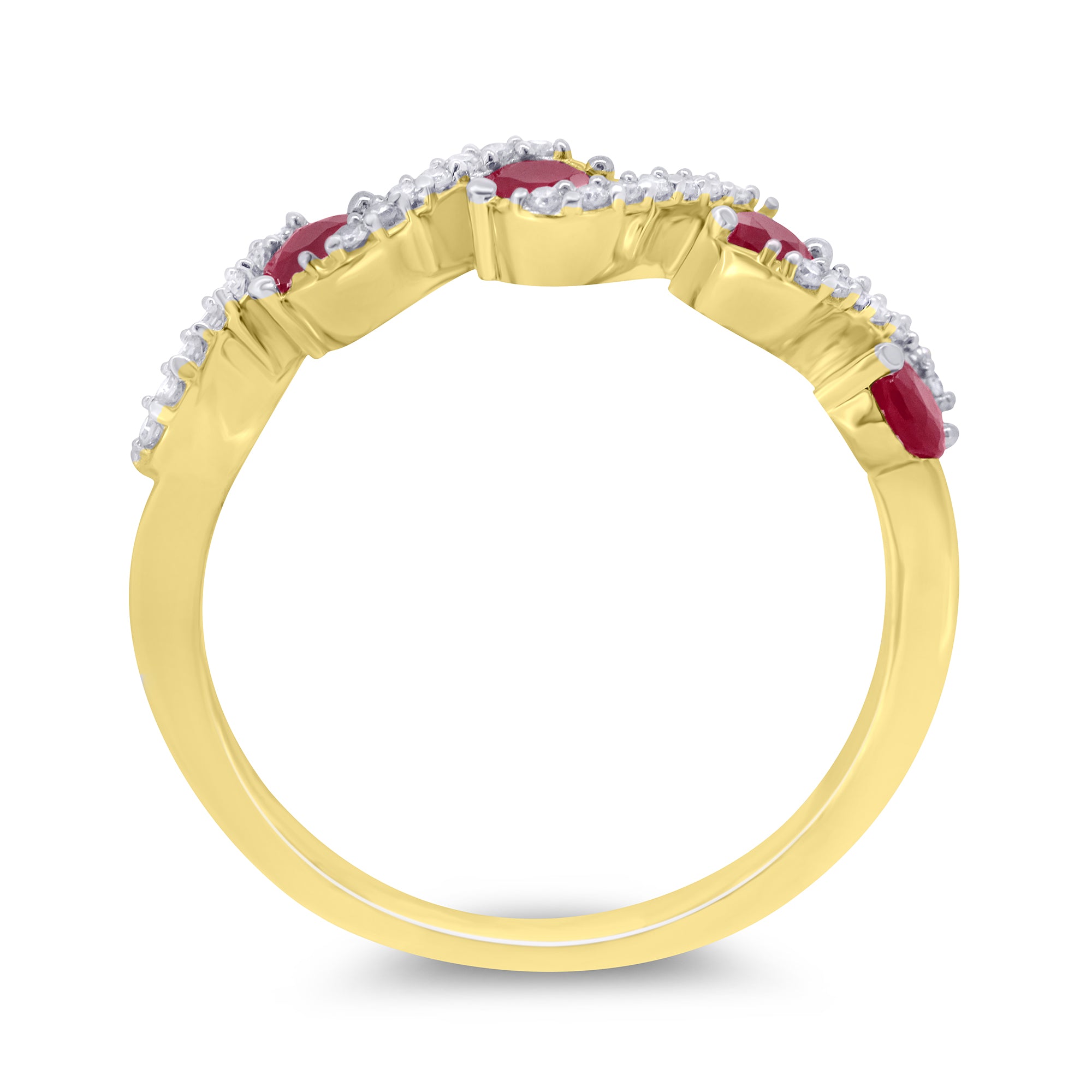 9ct gold 3mm ruby & diamond set swirl half eternity ring 0.10ct