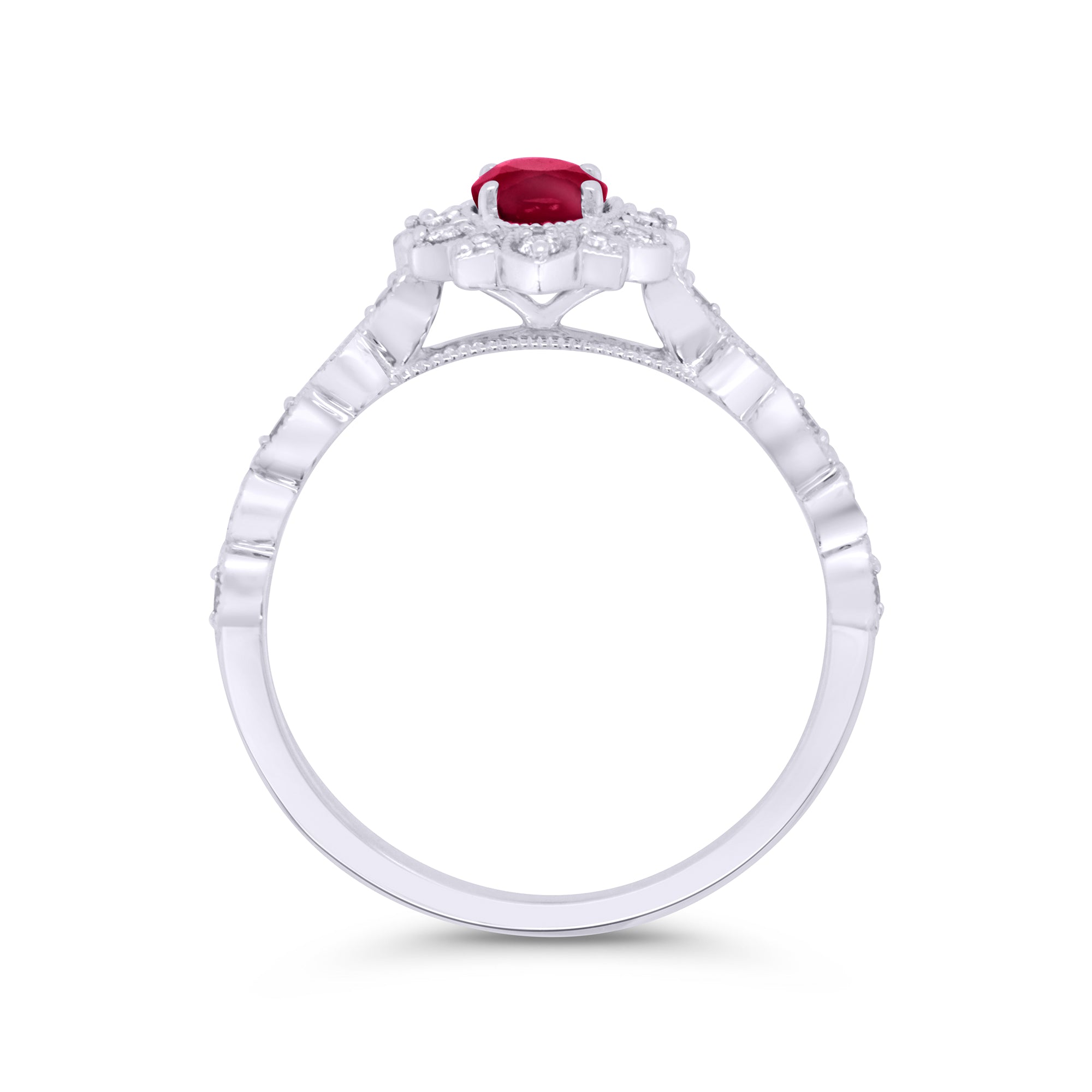 9ct white gold 6x4mm oval ruby & diamond cluster ring with diamond set shoulders 0.15ct