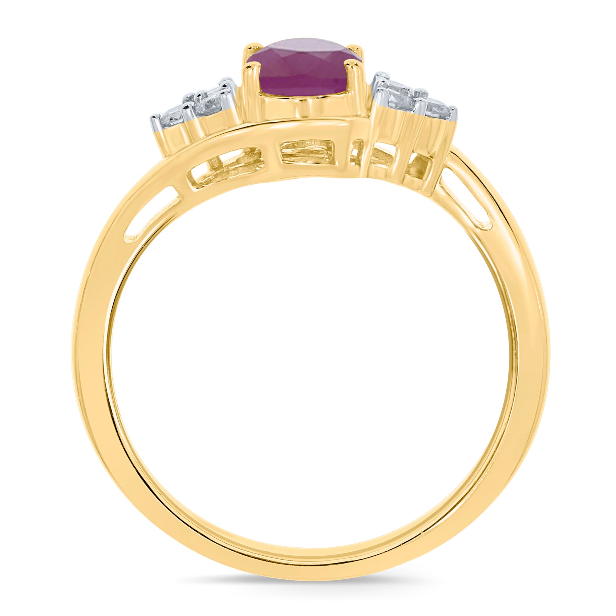 9ct gold 7x5mm oval ruby & triple diamond shoulder cross-over ring 0.15ct