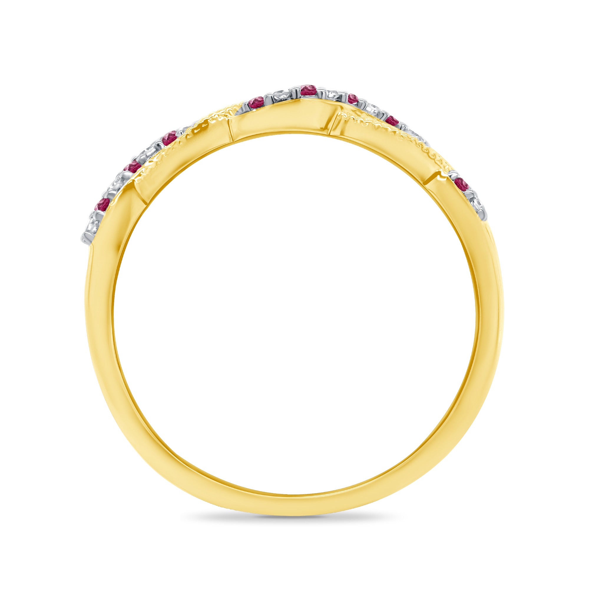 9ct gold ruby & diamond swirl half eternity ring 0.05ct