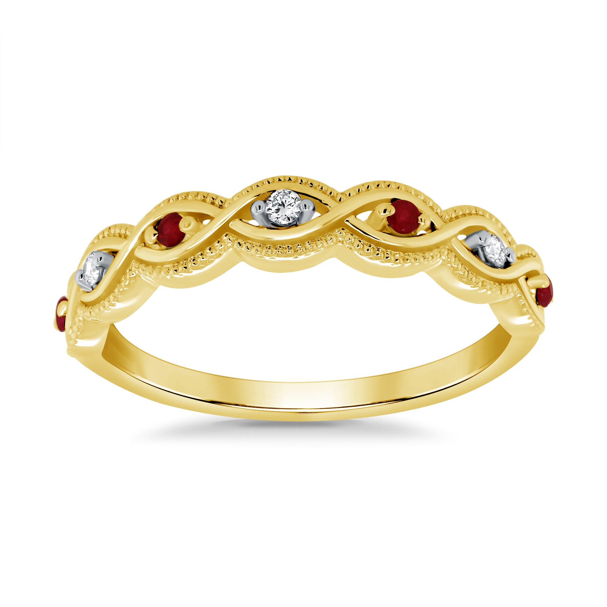 9ct gold ruby & diamond milgrain edge swirl half eternity ring 0.04ct