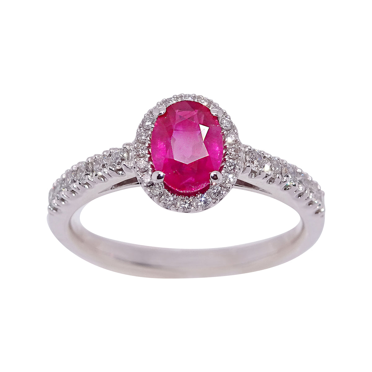 18ct white gold 1.07ct oval cut ruby (7.17*5.17*3.24mm) &amp; diamond ring with diamond shoulders 0.32ct Size O