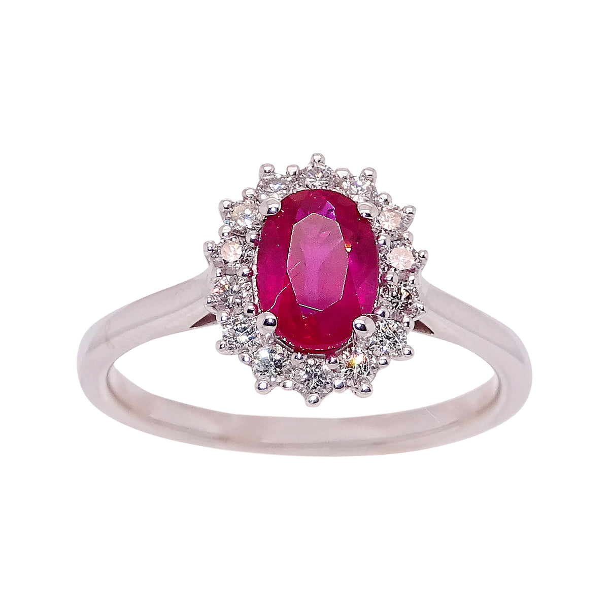 18ct white gold 1.37ct oval cut ruby (7.64*5.48*3.58mm) &amp; diamond ring 0.35ct Size Q