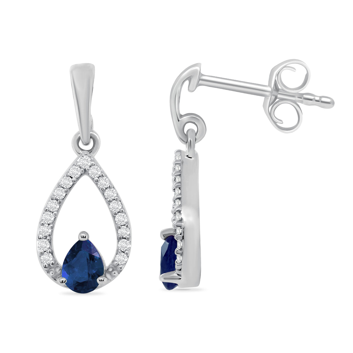 9ct white gold 4x3mm pear shape sapphire &amp; diamond drop earrings 0.10ct