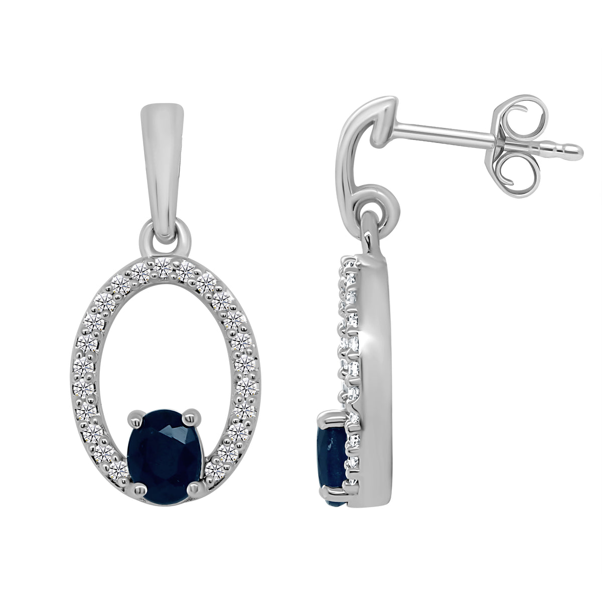 9ct white gold 4x3mm oval sapphire &amp; diamond drop earrings 0.14ct