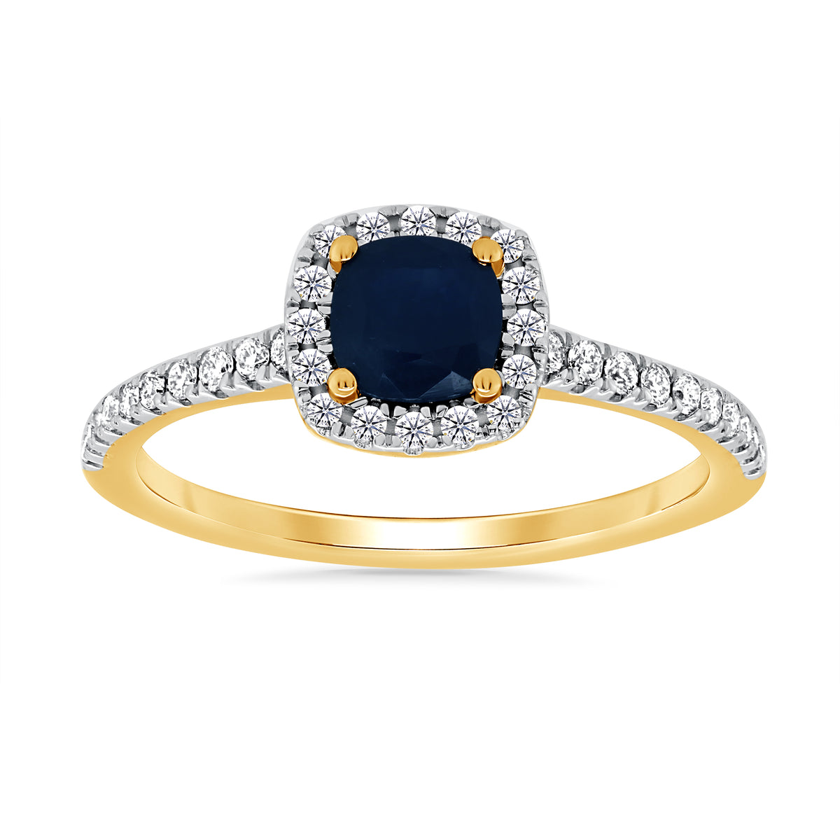 9ct gold 5mm cushion shape sapphire &amp; diamond cluster ring 0.25ct