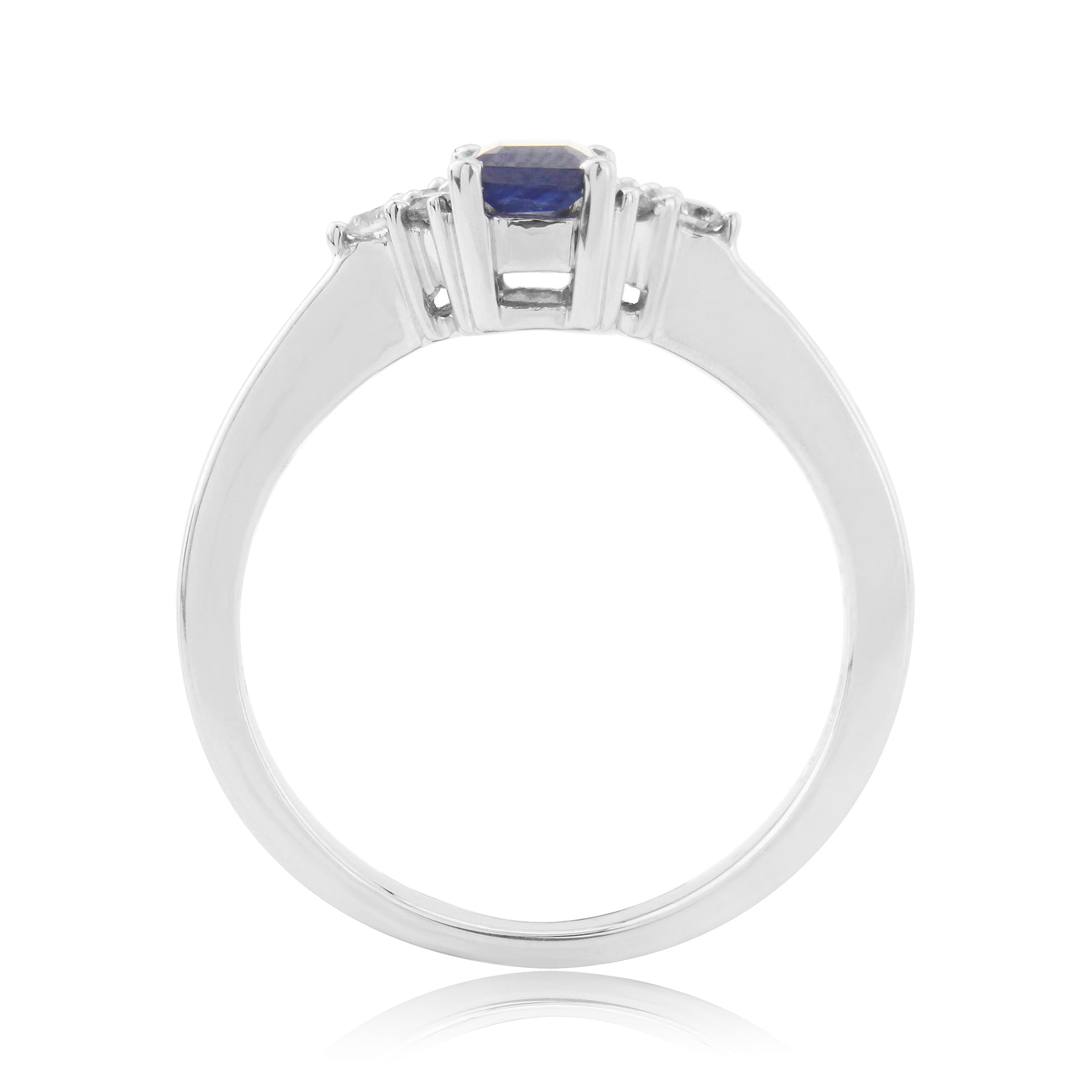 9ct white gold 6x4mm octagon cut rsapphire & three stone diamond shoulders ring 0.14ct