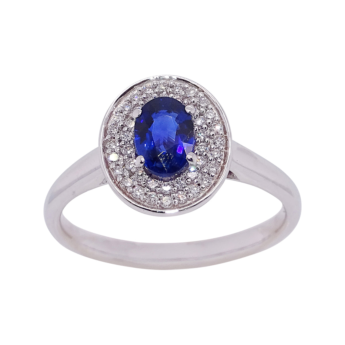 18ct white gold 0.77ct oval cut sapphire (6.81*4.77*2.63mm) &amp; diamond ring 0.20ct Size P