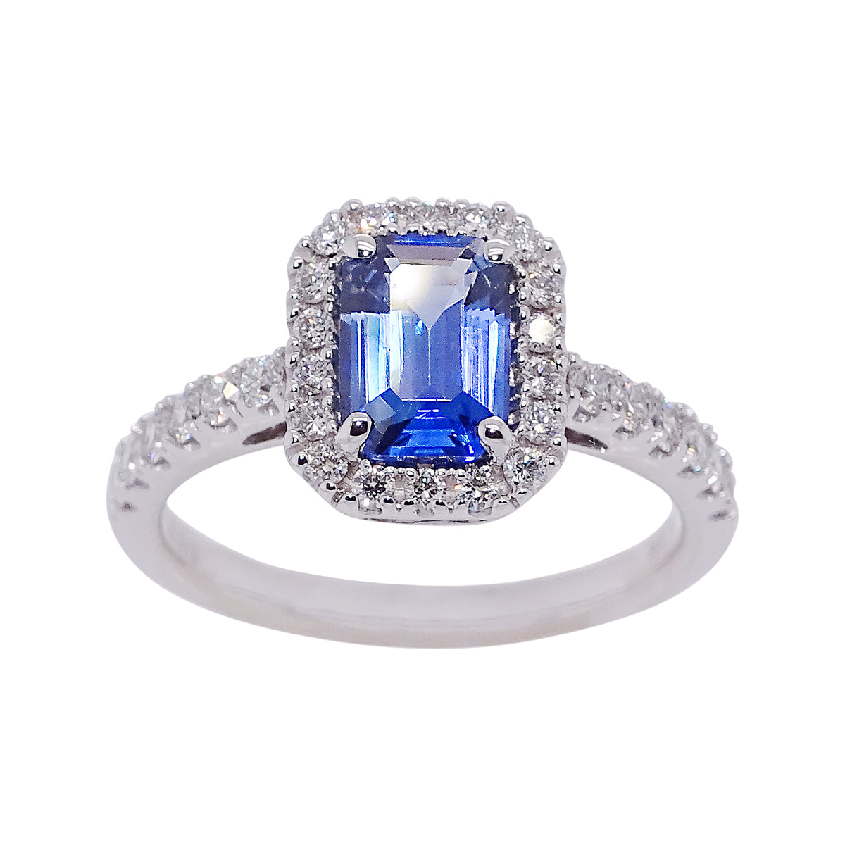 18ct white gold 1.46ct octagonal cut sapphire (8.03*5.60*3.38mm) &amp; diamond ring with diamond shoulders 0.50ct Size O