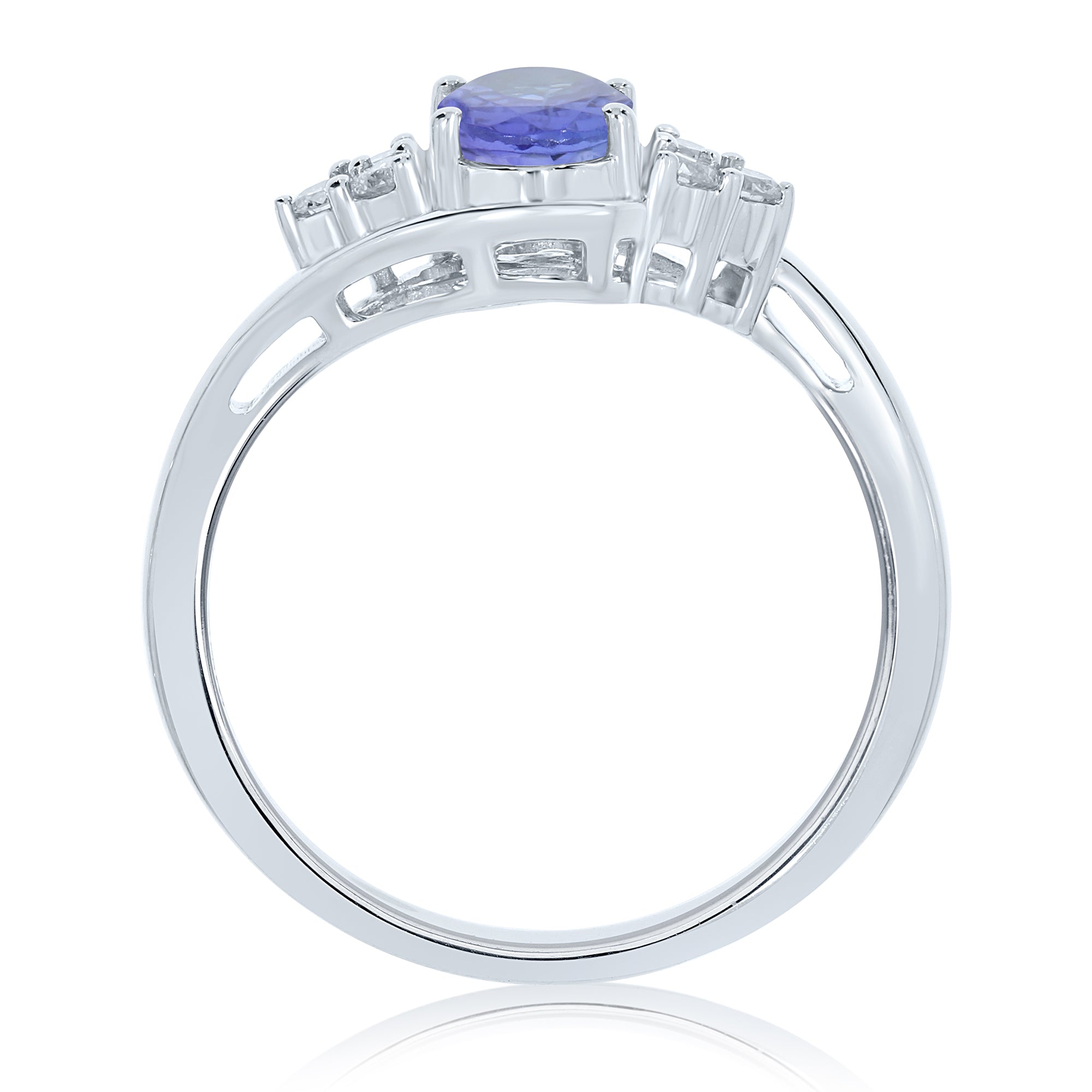 9ct white gold 7x5mm oval tanzanite & triple diamond shoulder cross-over ring 0.15ct