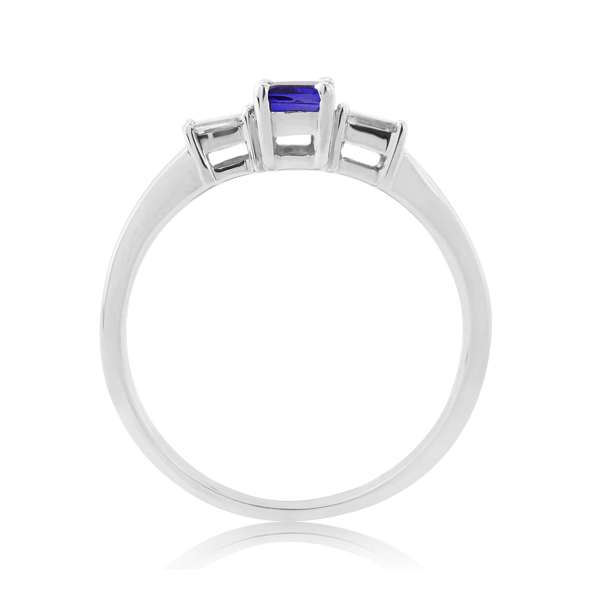 9ct white gold 6x4mm octagon cut tanzanite & baguette diamond shoulders ring 0.12ct