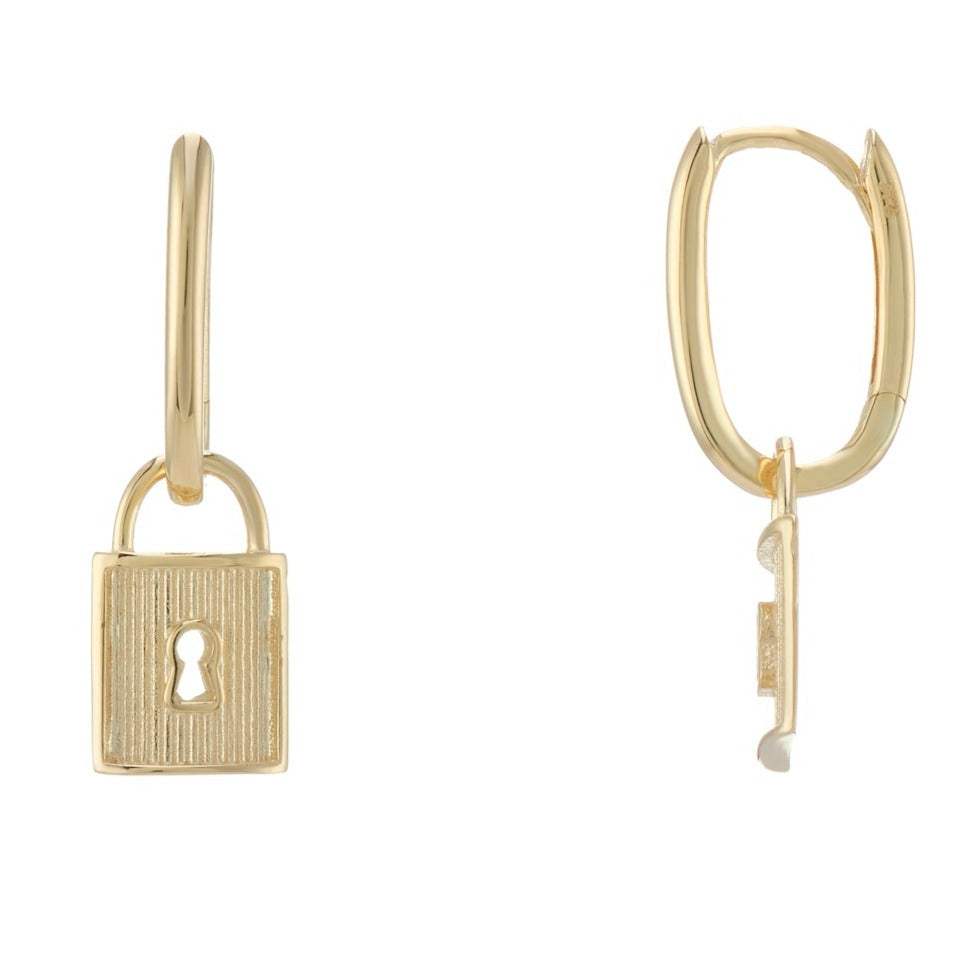 9ct gold huggy &amp; padlock drop earrings