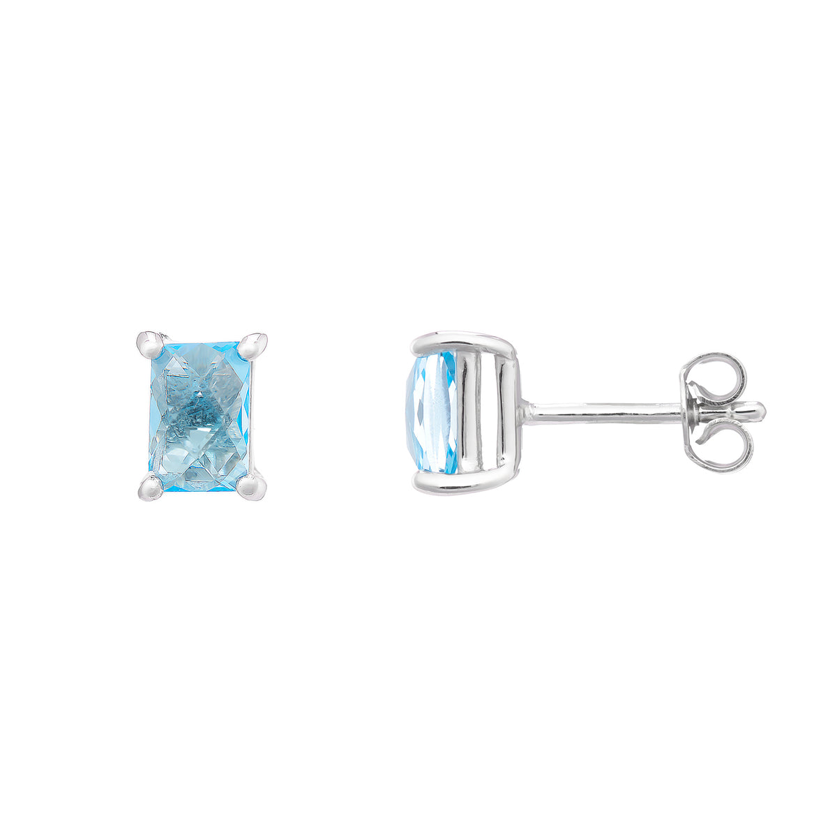 9ct white gold 6x4mm rectangular checkerboard cut blue topaz stud earrings