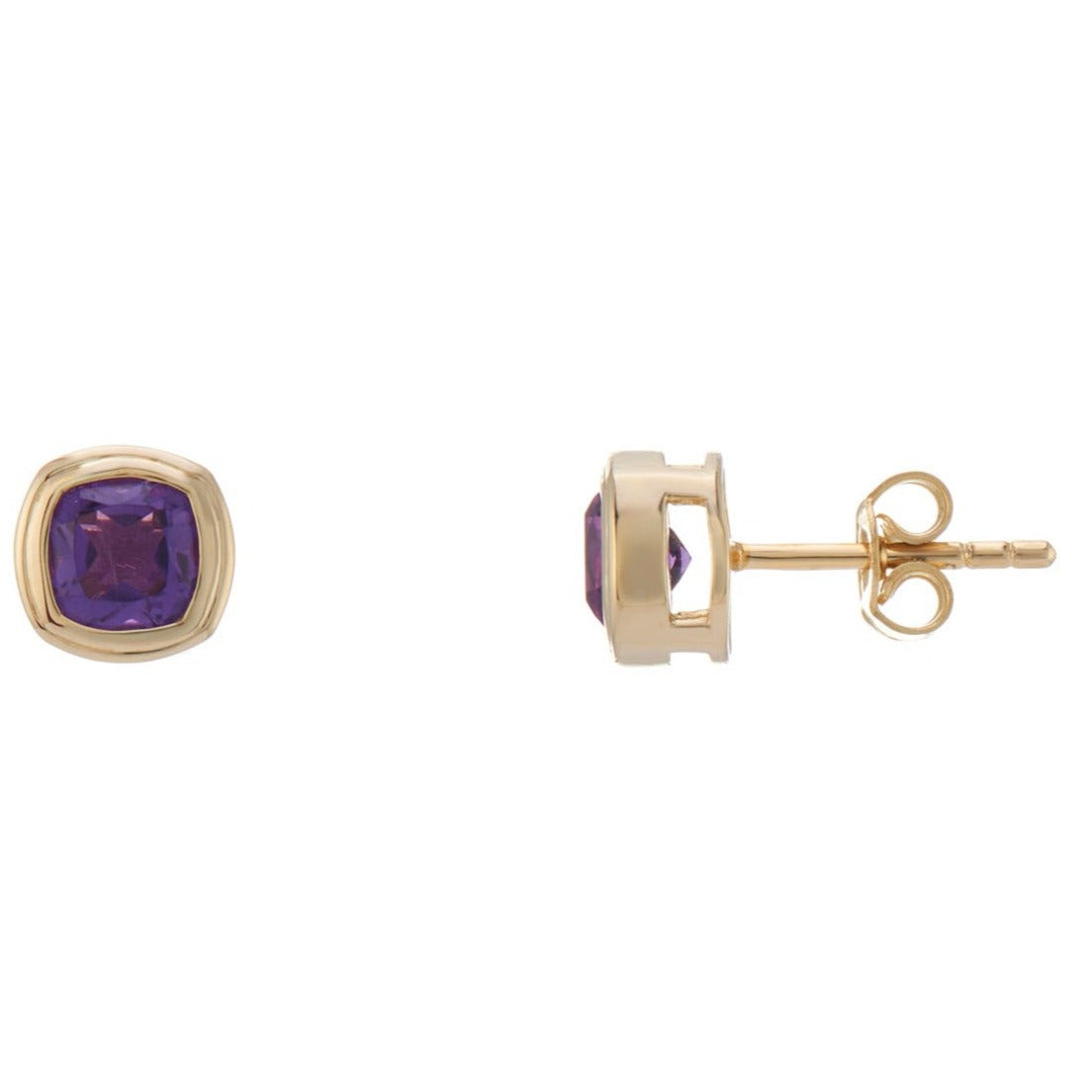 9ct gold 5mm cushion shape rub over set amethyst stud earrings