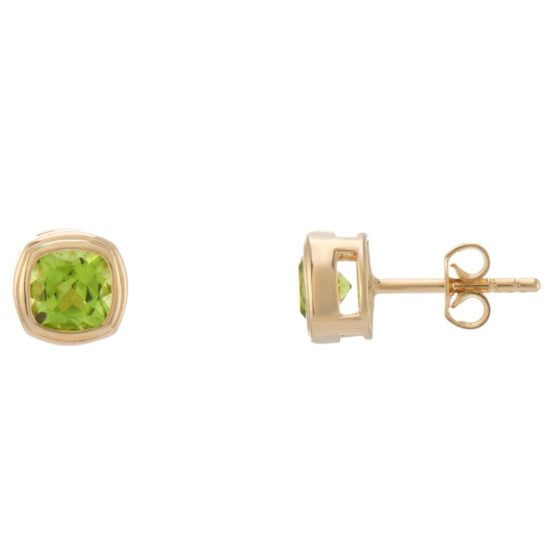 9ct gold 5mm cushion shape rub over set peridot stud earrings