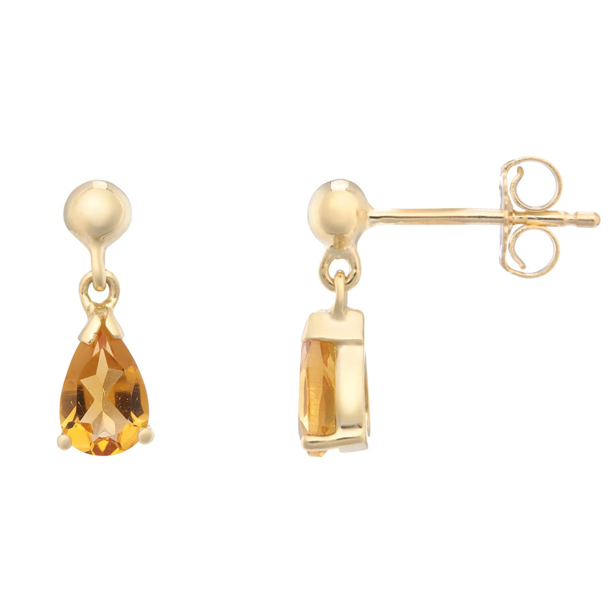 9ct gold 6x4mm pear shape citrine drop earrings