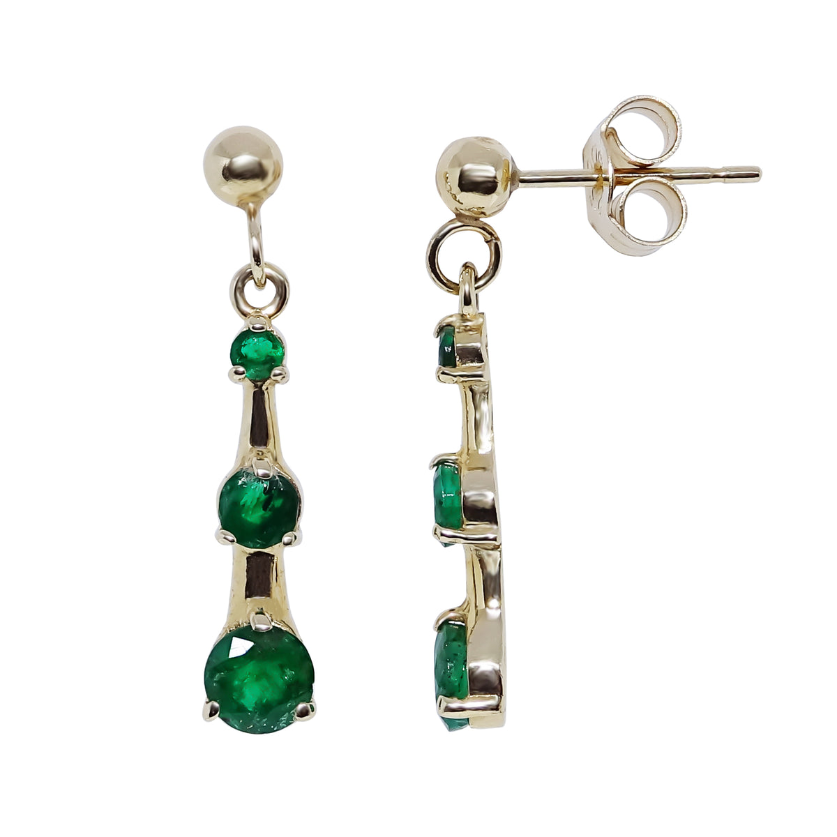 9ct gold triple round emerald (2,3 &amp; 4mm) drop earrings