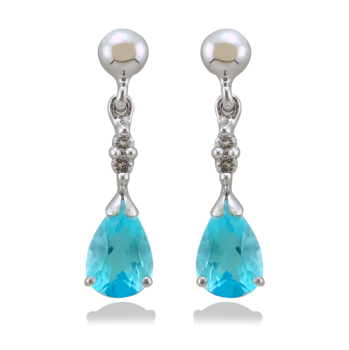 9ct white gold 6x4mm pear shape blue topaz &amp; diamond drop earrings 0.04ct